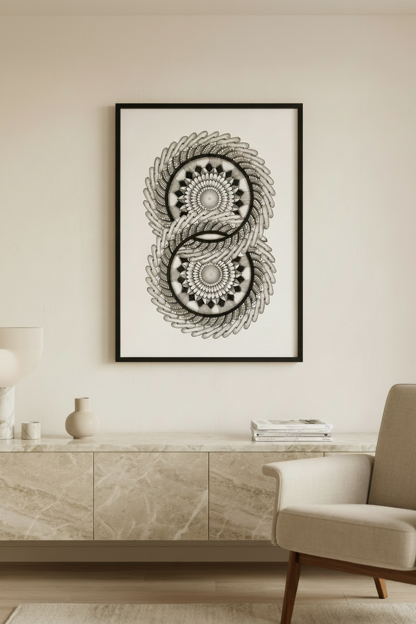 Ekatra Ananta Mandala – Handmade Fine-Line Pen Art – A3 Wall Art Print
