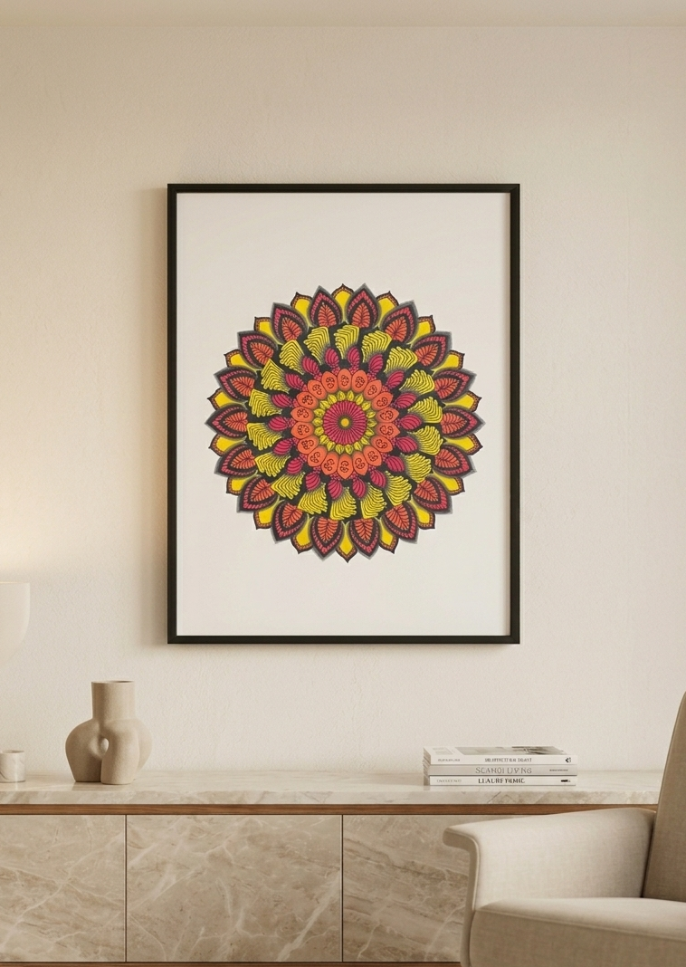 Ekatra Surya Bloom Mandala – Handmade Shading Pen Art – A3 Wall Art Print