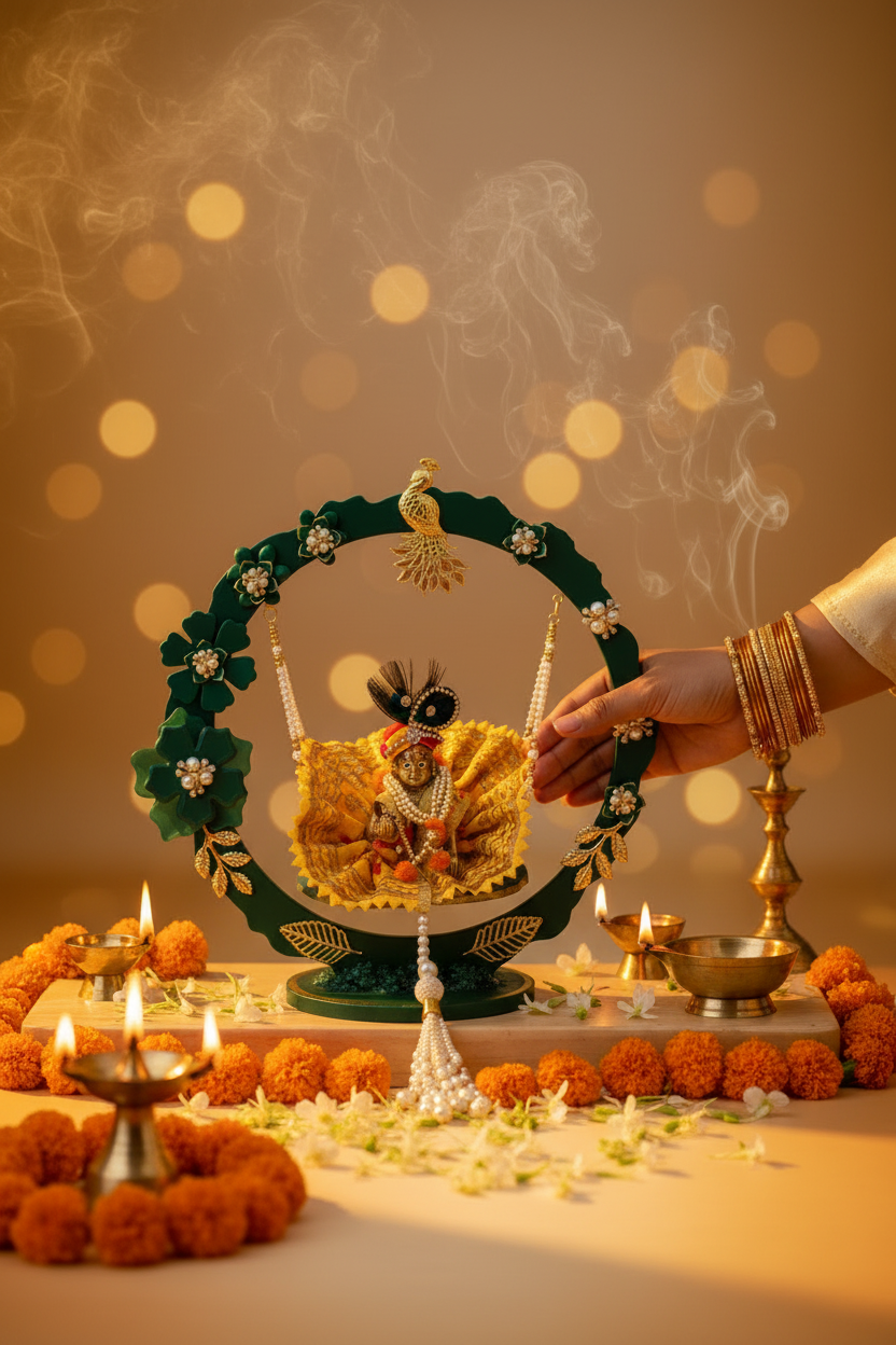 Handcrafted Resin Krishna Jhula – Divine Swing for Laddu Gopal | Puja Decor