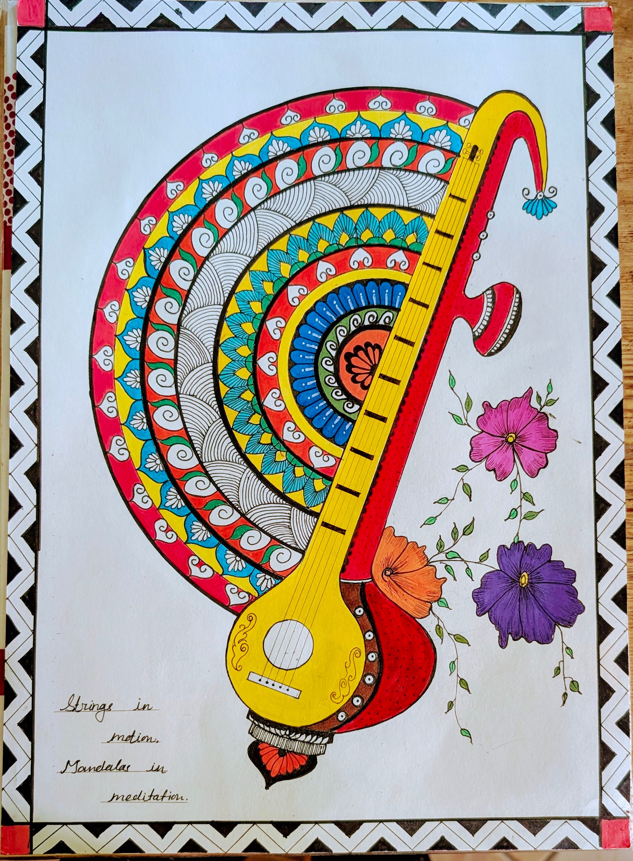 Veena Harmony – Pen Mandala Art (A3, Framed)